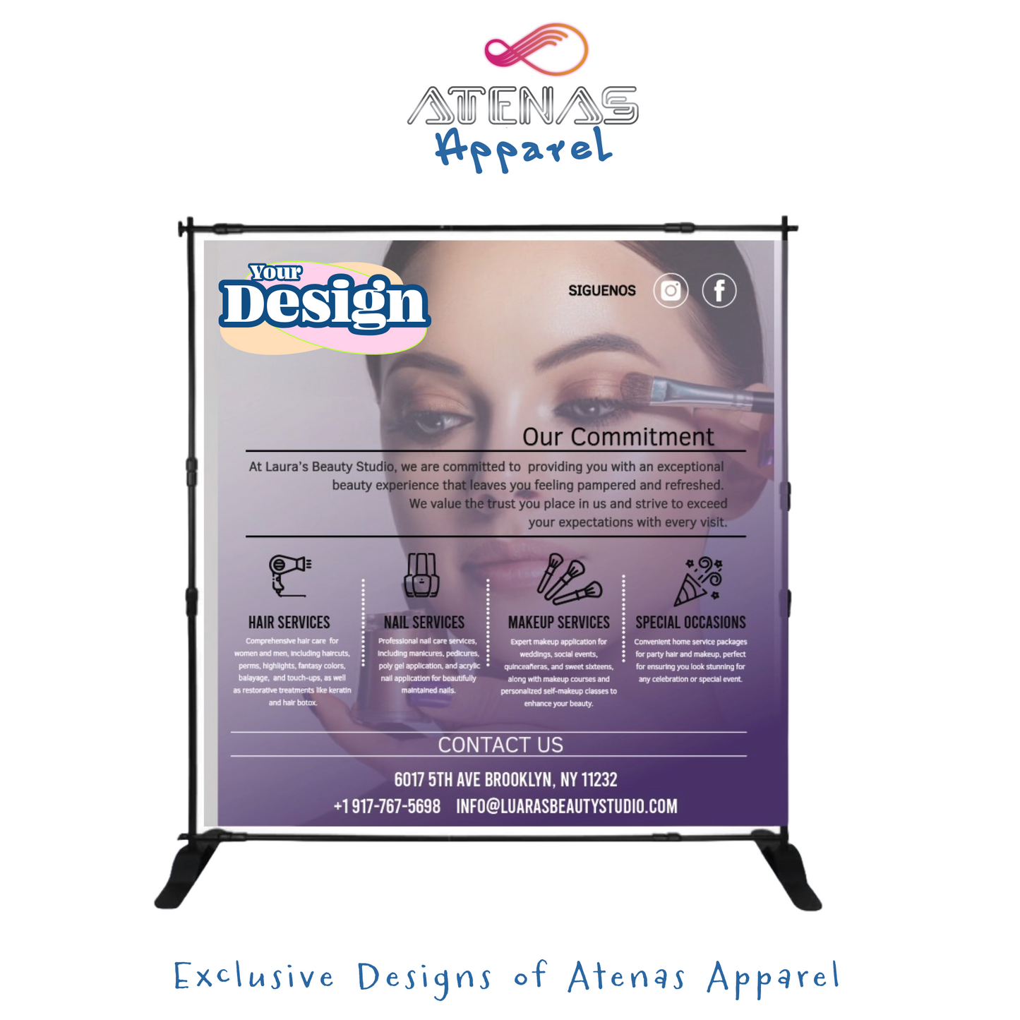 Promotional banner for Atenas Apparel details on a stand.