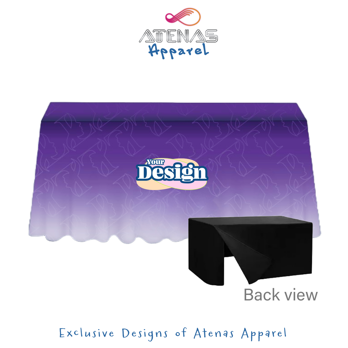 Showcase your brand with a clean, professional look. This tablecloth features a full front design and discreet open back for easy storage access. Fully customizable with your logo—an Atenas Apparel event essential.