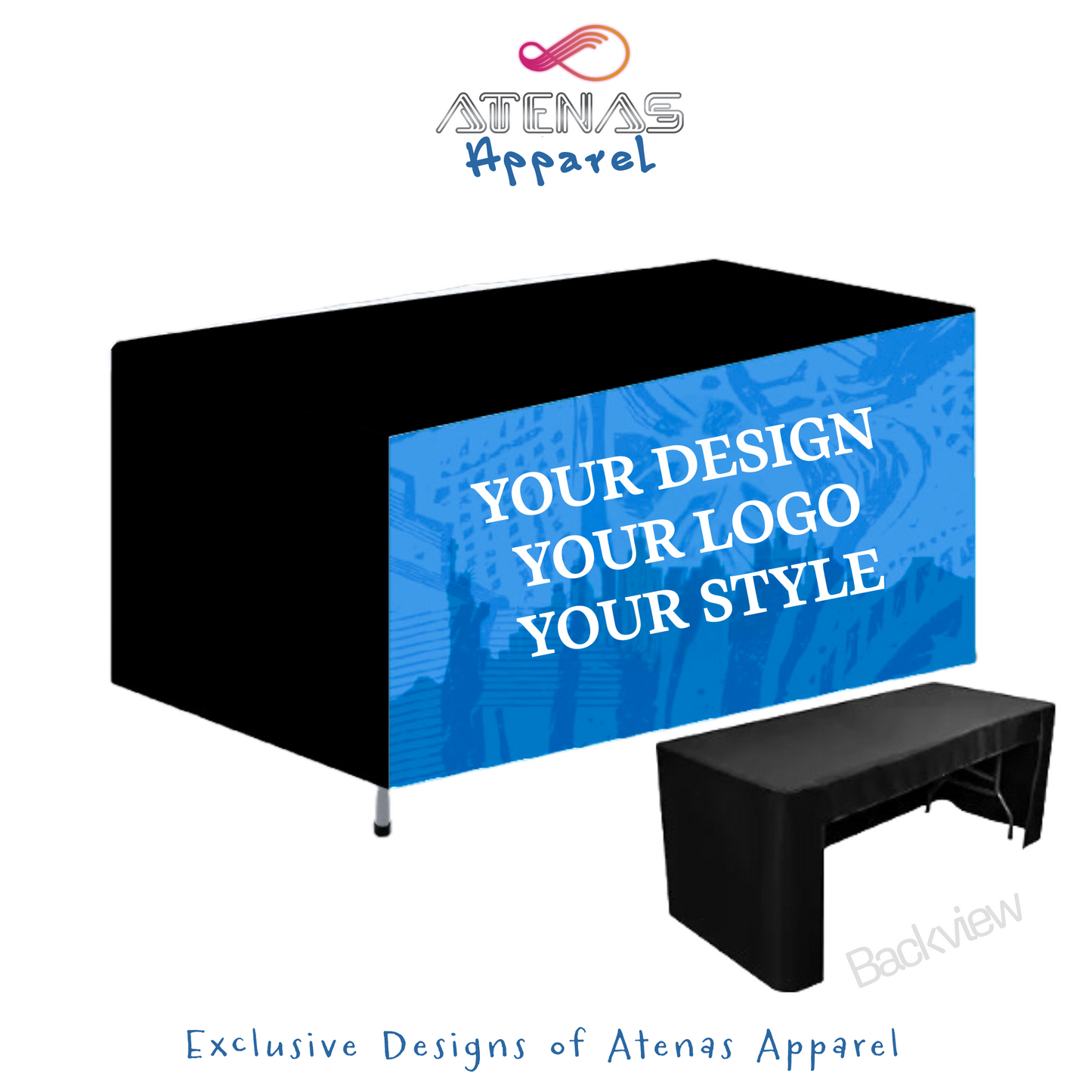 Designed for convenience and style, this tablecloth features a full front display with an open back—ideal for easy access to storage during events. Fully customizable with your team or business logo. An Atenas Apparel display essential.