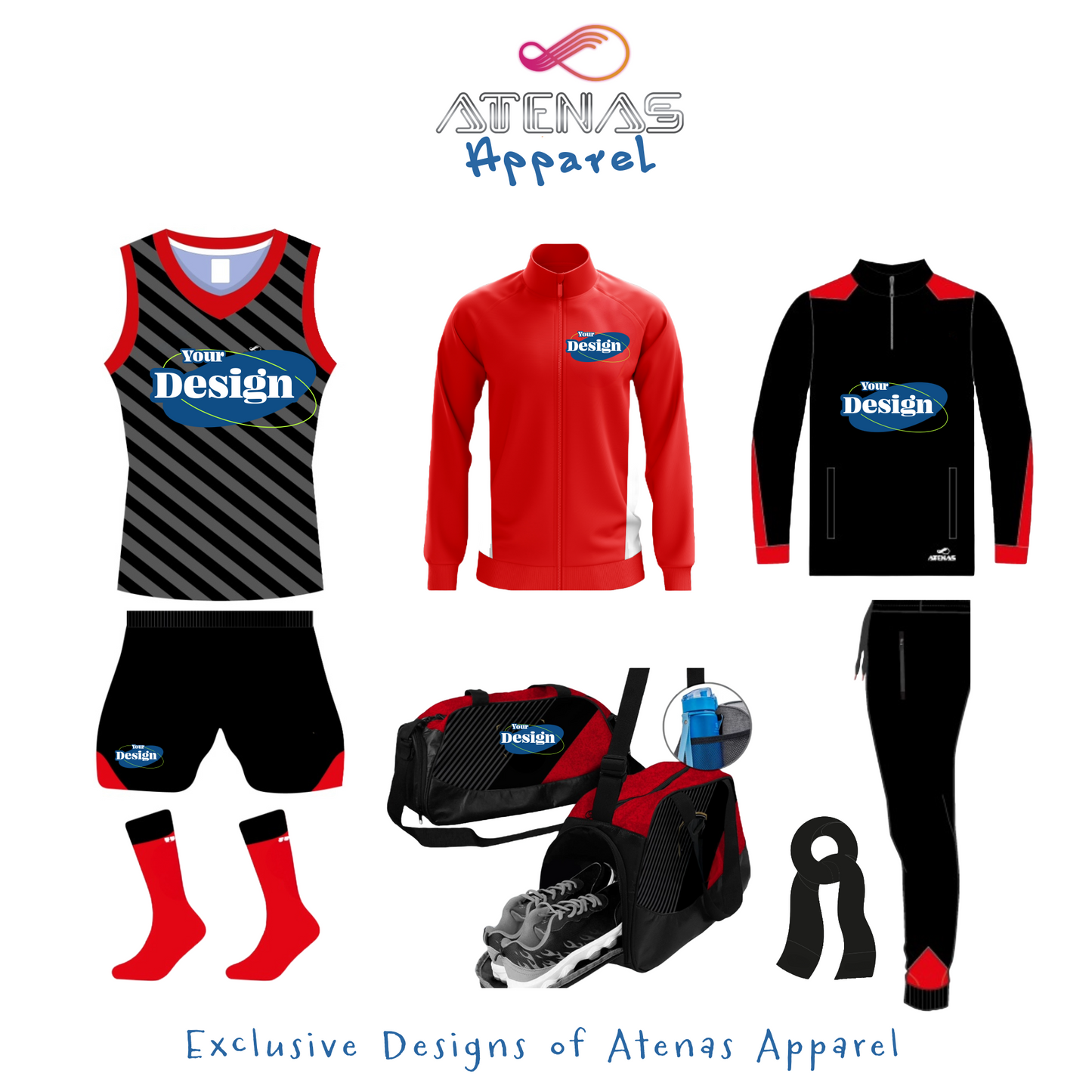 This complete set includes a custom tracksuit, running jersey, shorts, socks, rain jacket, and sports bag—designed for peak performance and team style. Fully customizable with your logo and colors. An exclusive Atenas Apparel design.