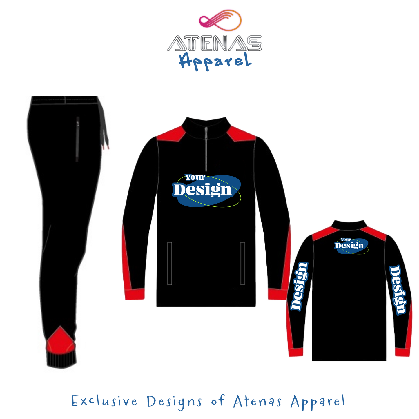 Custom 3/4 zip & Pants Set
Designed for athletes of all levels, this fully customizable set includes a top and matching pants. Available in a variety of premium fabrics such as cozy cotton, fleece, and performance blends. Ideal for warm-ups, travel, or everyday wear, it offers comfort, durability, and style both on and off the field. Personalize with your team’s colors, logo, or player details for a unified, professional look. An exclusive Atenas Apparel design—crafted to support athletic performance and 