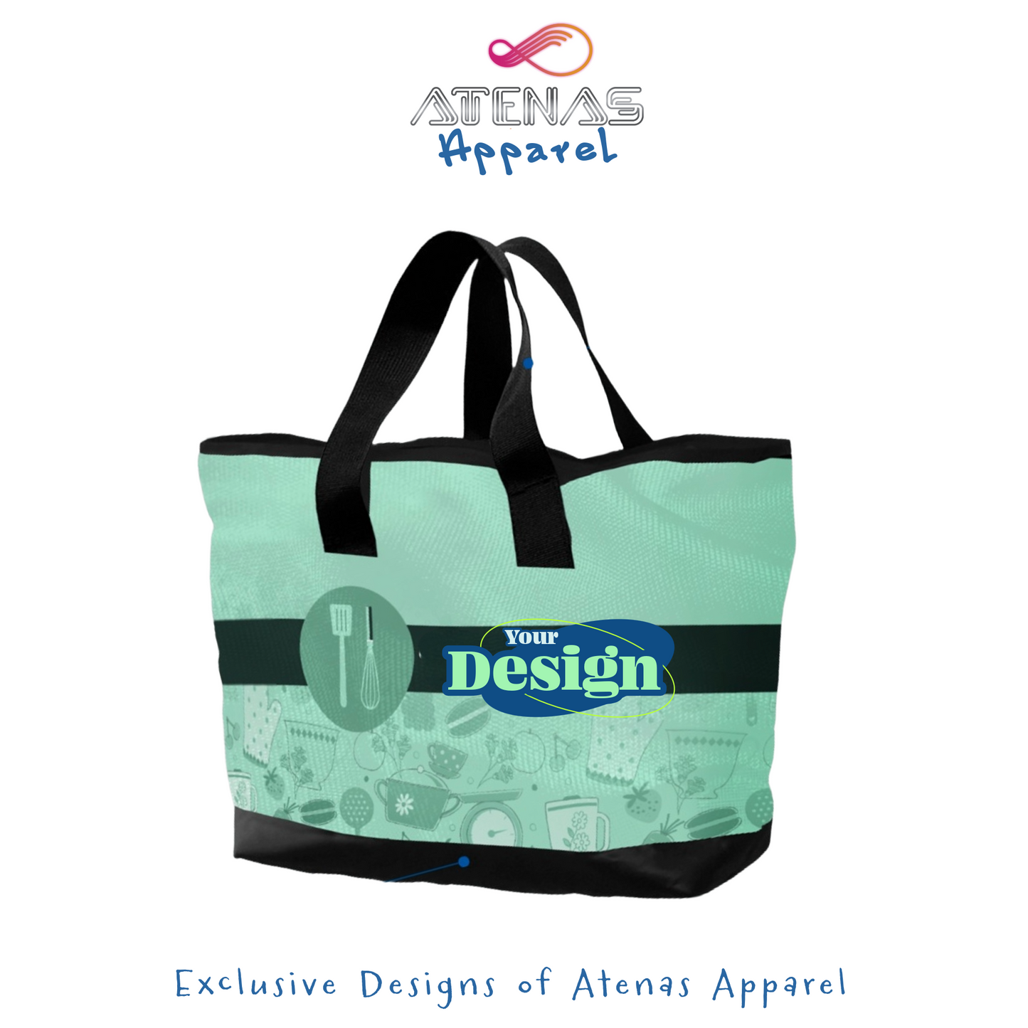 Colorful Personalized Tote Bag with reinforced handles with your Team or Business Design. Spacious main compartment can also be designed as insulated bag. Exclusive Design of Atenas Apparel branding.