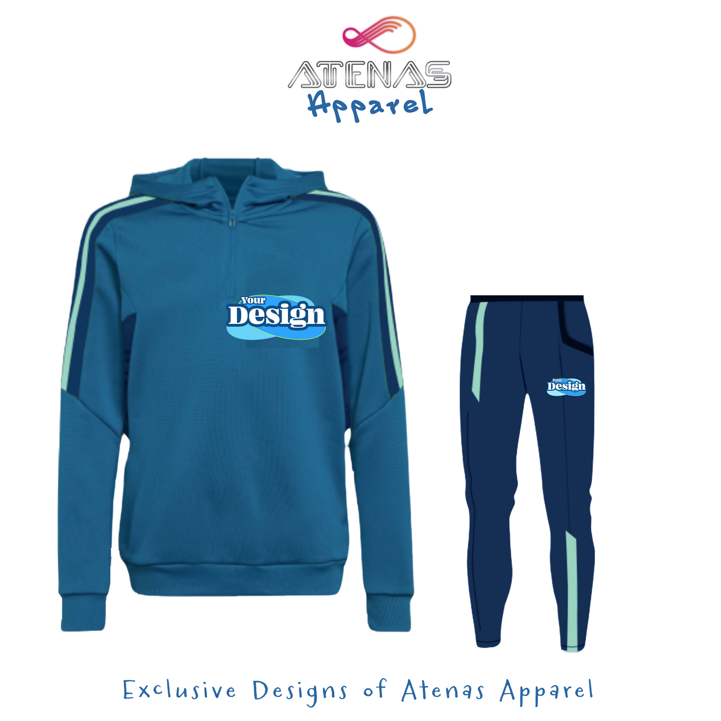 Custom Hoodie & Pants Set
Designed for athletes of all levels, this fully customizable set includes a hoodie and matching pants—available in a variety of premium fabrics such as cozy cotton, fleece, and performance blends. Ideal for warm-ups, travel, or everyday wear, it offers comfort, durability, and style both on and off the field. Personalize with your team’s colors, logo, or player details for a unified, professional look.
An exclusive Atenas Apparel design—crafted to support athletic performance and 