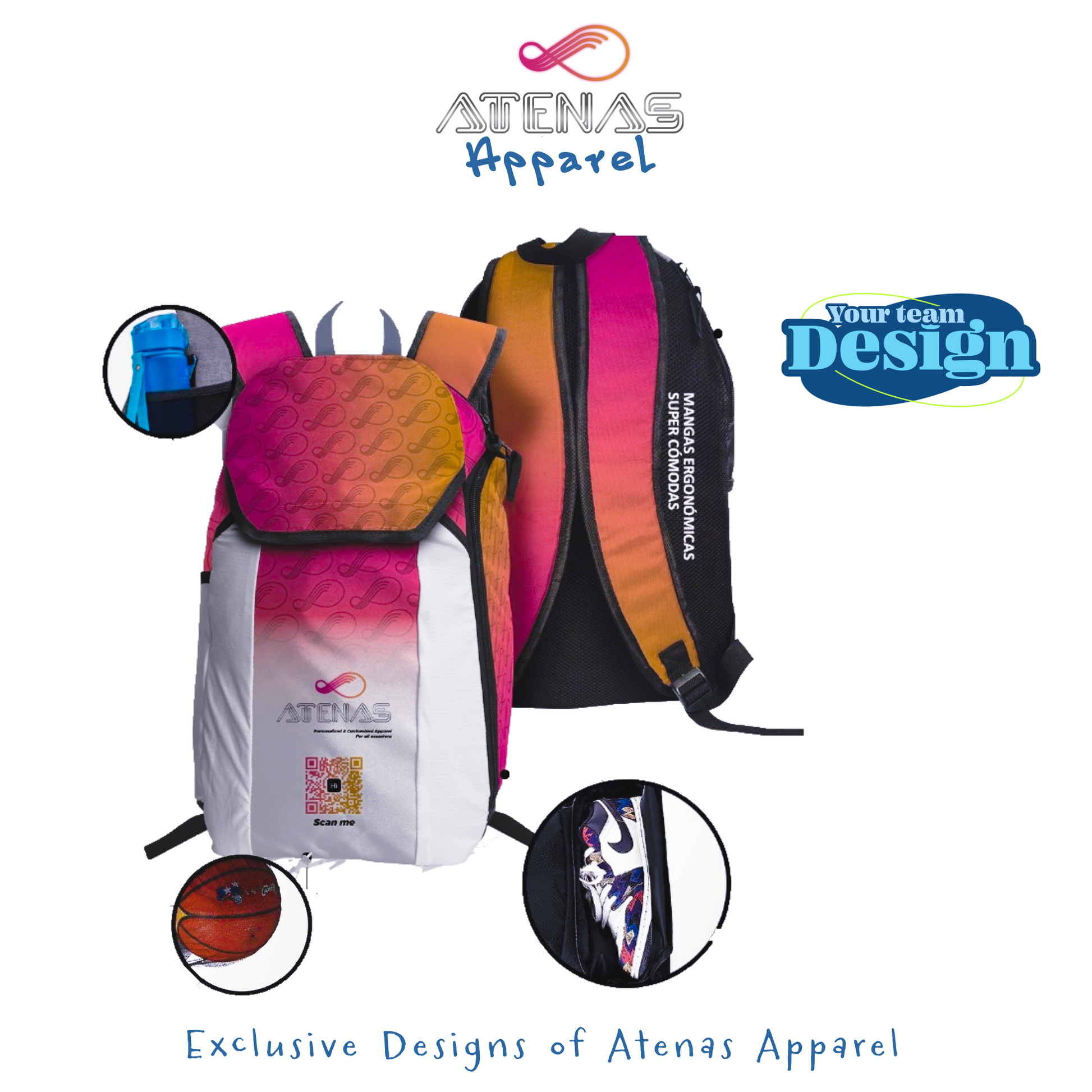 Colorful Personalized Backpack
Designed for active lifestyles, this vibrant backpack features separate compartments for shoes, water bottles, and a ball—keeping everything clean and organized. Durable and stylish, it's perfect for athletes, teams, or everyday use. Features an exclusive Atenas Apparel design that combines function with standout branding.